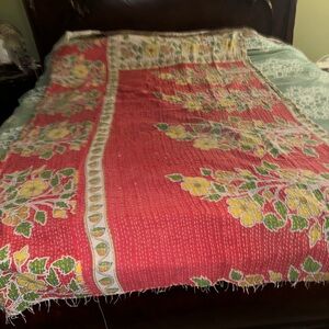 Floral Quilted Red Cotton Bedspread with Yellow Flower Print